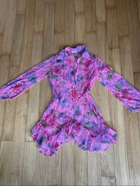 Vintage Sheer Pink Floral Ruffle Hem Mini Dress